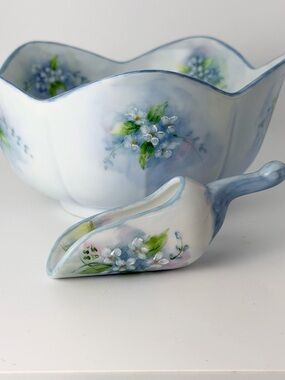 Hand-Painted Floral Porcelain Bowl and Scoop - Blue & White